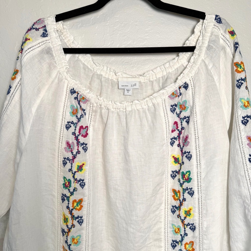 J. Jill Love Linen White Floral Embroidered Blouse XL Boho Coastal - Picture 2 of 8
